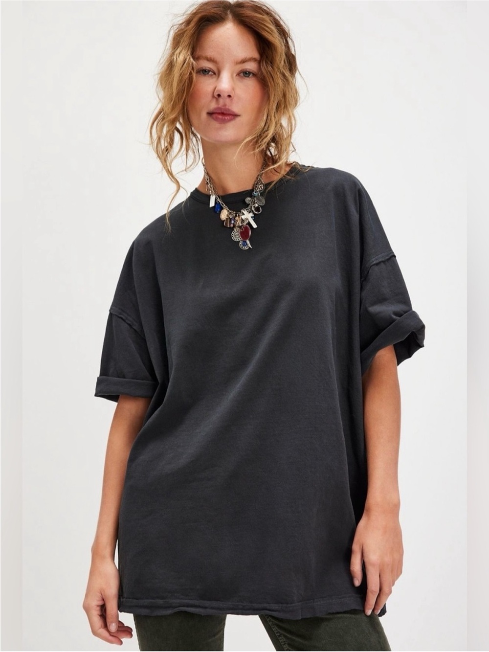 Free People We The Free Washed Charcoal Oversized Short Sleeve Devon Tee size XL
